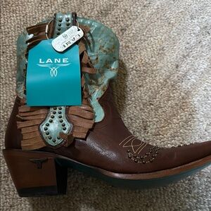 Brown and Blue Heeled Boots with Western Style